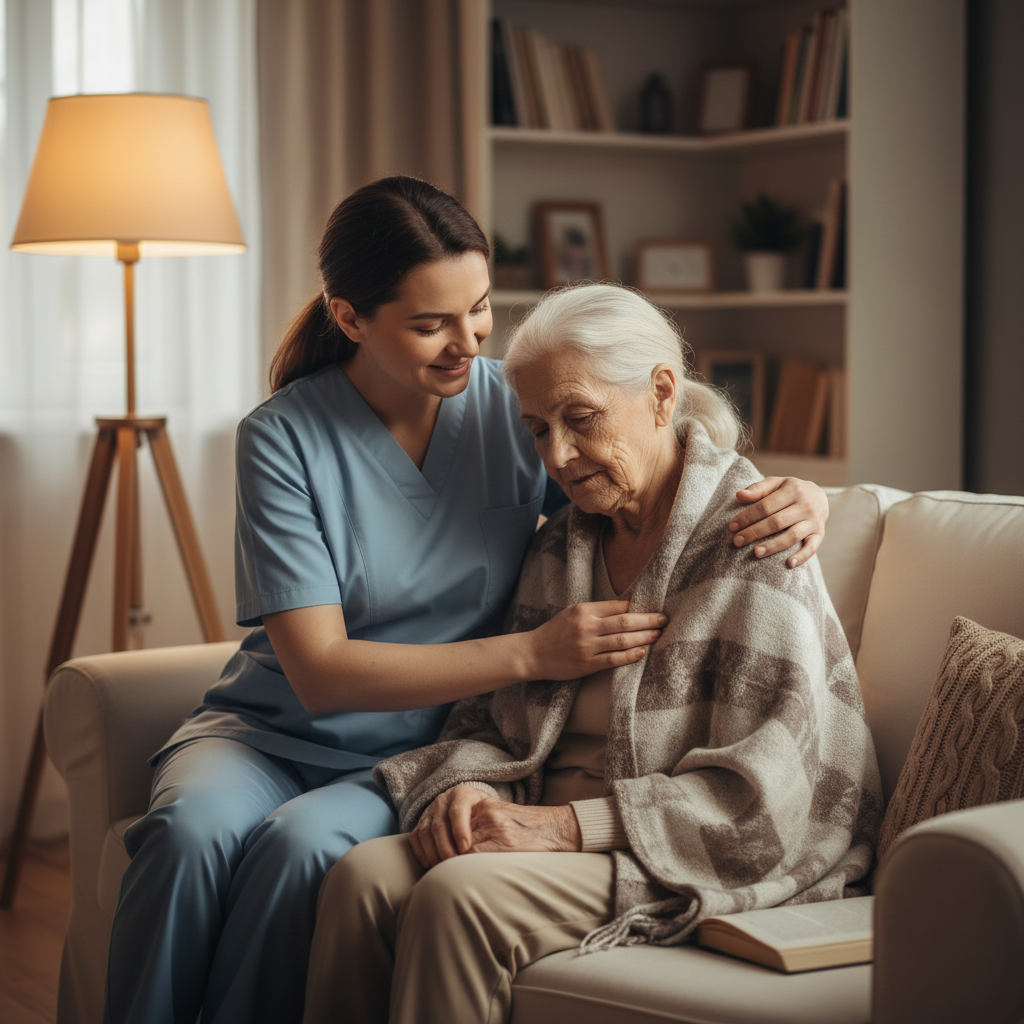 Betreuerin reicht Decke an Seniorin im Wohnzimmer