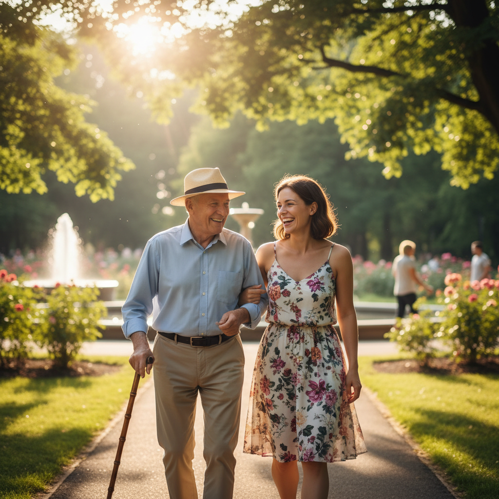 Senior mit Gehstock wird im Park begleitet